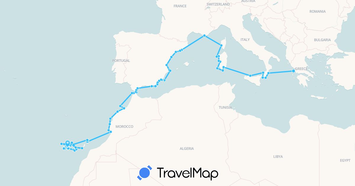 TravelMap itinerary: driving, boat in Spain, France, Gibraltar, Greece, Italy, Morocco (Africa, Europe)